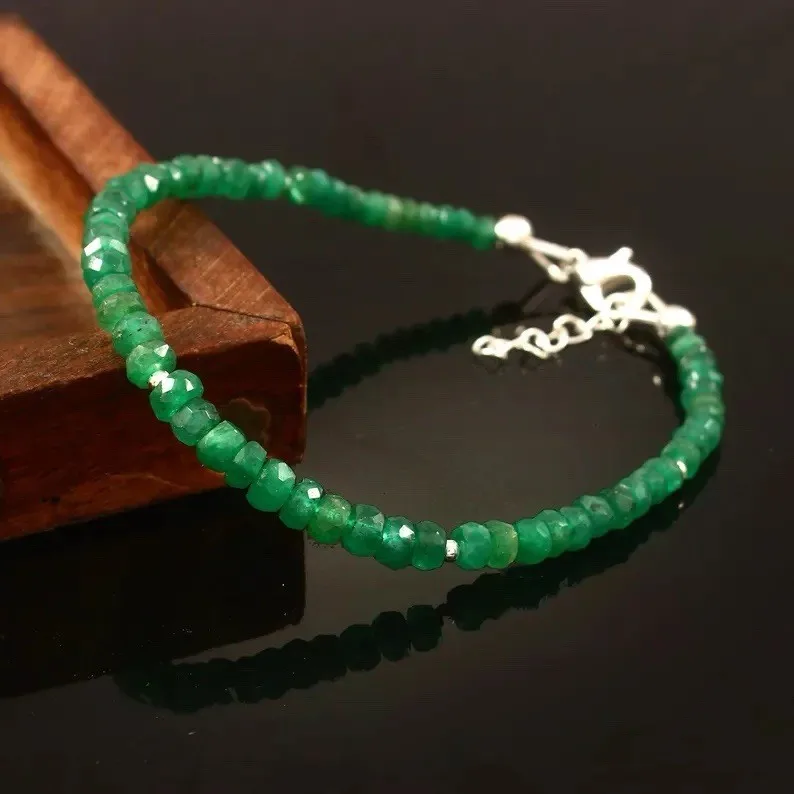 

Emerald Bracelet Round Faceted Beads 7.5 Inch Green Gemstone Handmade Jewelry