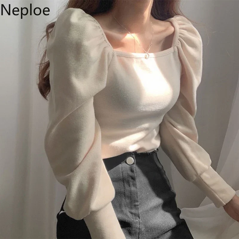 Neploe Chic Square Collar Hollow Out Clavicle T Shirt Slim Fit Pleated Puff Sleeve Solid Blusas Autumn Spring 2024 New Knit Top