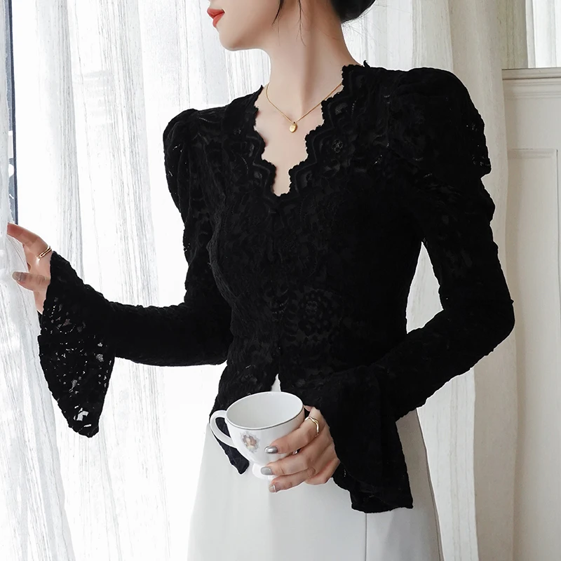 

QOERLIN Vintage V-neck Flared Sleeves Stretch Lace Top Chic Korean Fashion Sexy Transparent White Shirt Black Blouse Women Trend