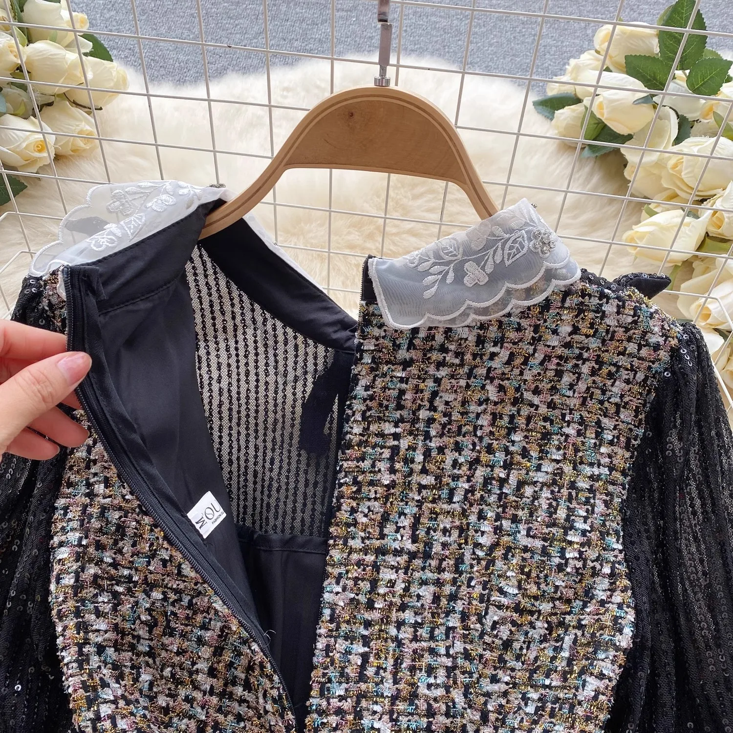 Vintage Small Fragrance Sequined Mesh Embroidery Ruffles Stitching Tweed Dress Women's Lapel Long Sleeve Mini Party Vestidos