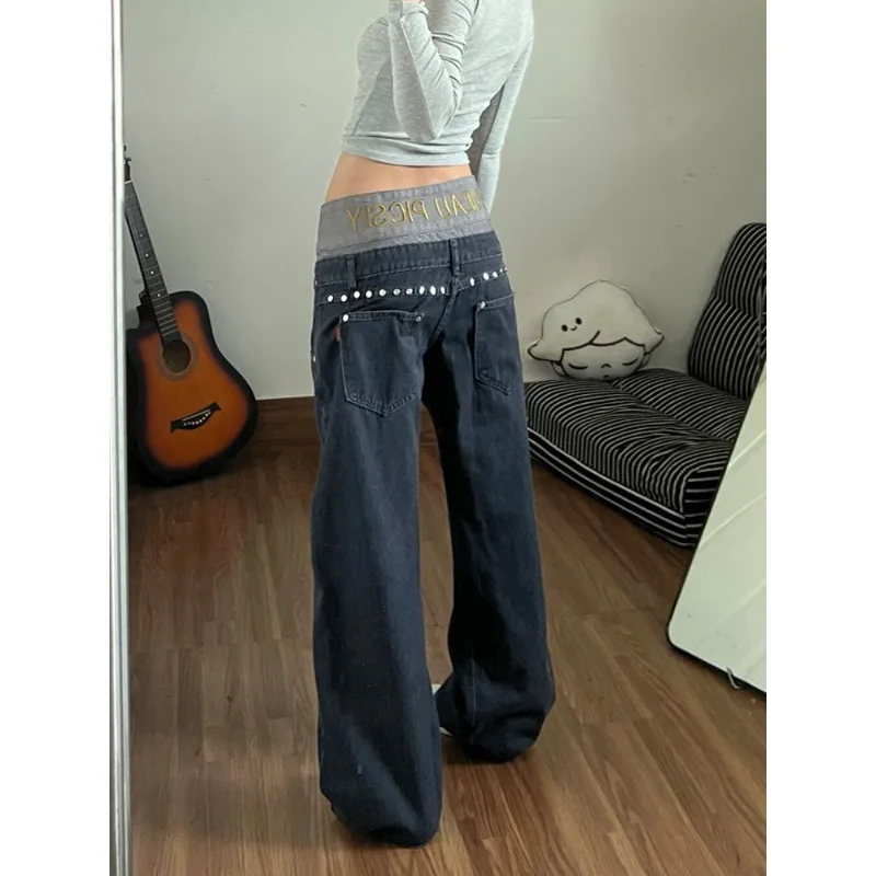 American High Street Y2k New Plus Size Jeans Women Gold Letter Print Spliced Decor Jeans Hot Girl Style Summer Daily Streetwear