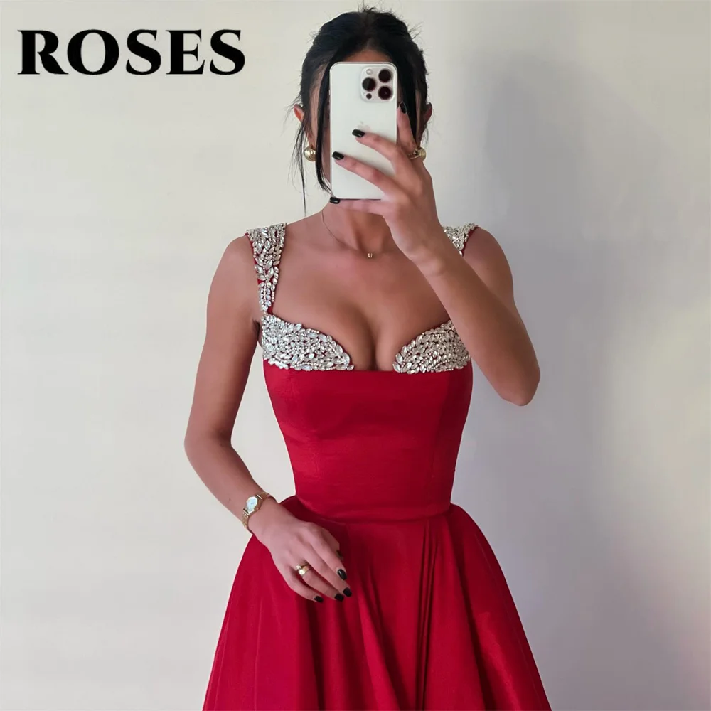 ROSES Red Evening Gown Sweetheart A-Line Sequins Satin Party Dress with Pleats Satin Spaghetti Strap High Side Slit Prom Dresses