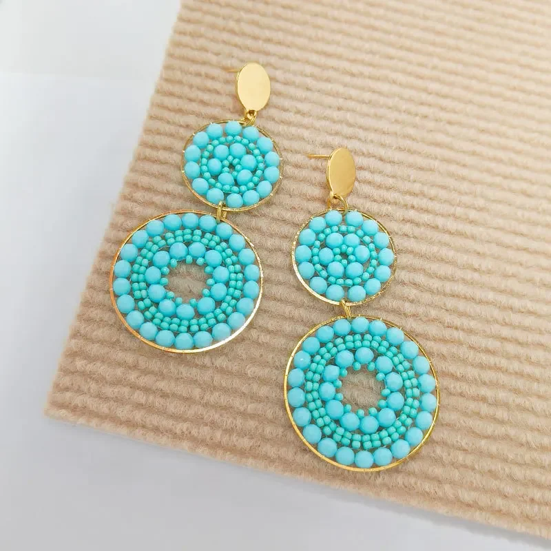 Rice bead earrings Originality Roundness Double-deck Crystal Hand knitting Bohemia Alloy Fashion Simple Beaded earrings