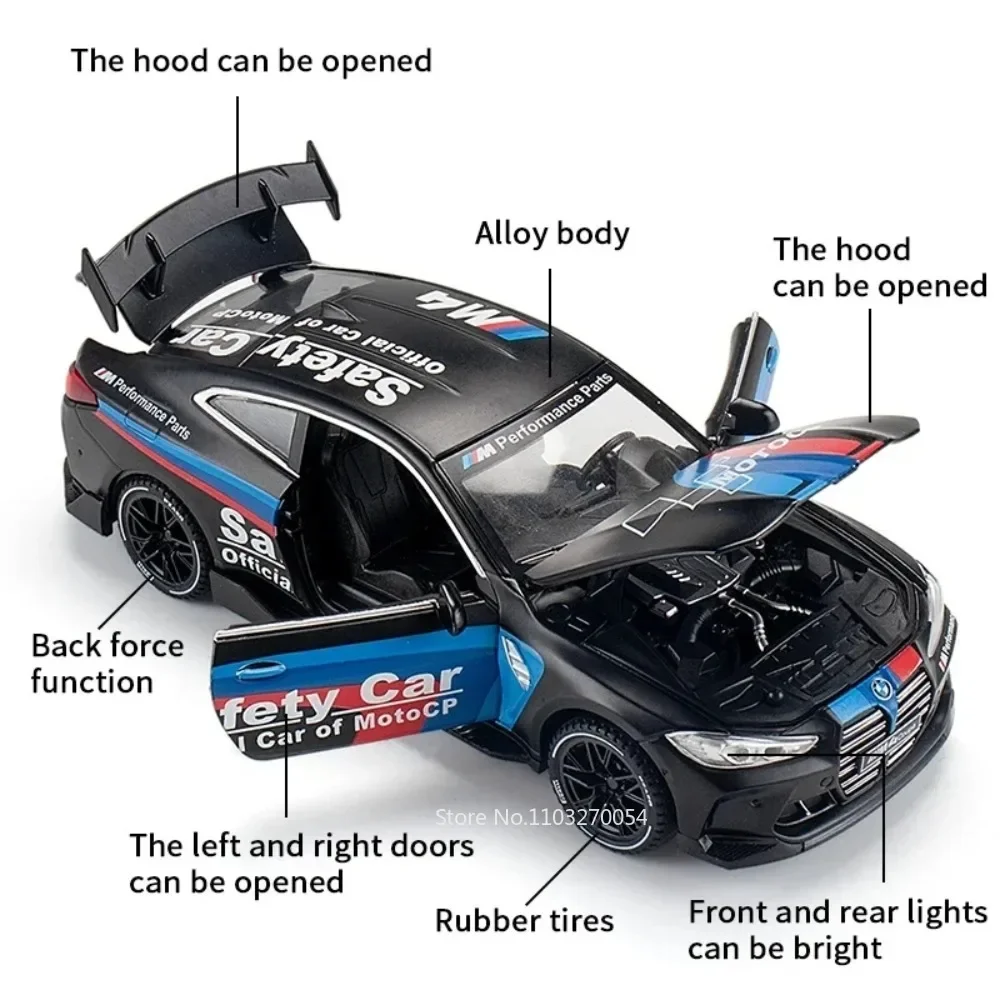 1:32 M4 GTR Miniatuurmodellen Legering Diecast Speelgoed Auto Ornament Geluid Licht Trek 4 Deuren Geopend Voertuigen Kinderen Kerstcadeau