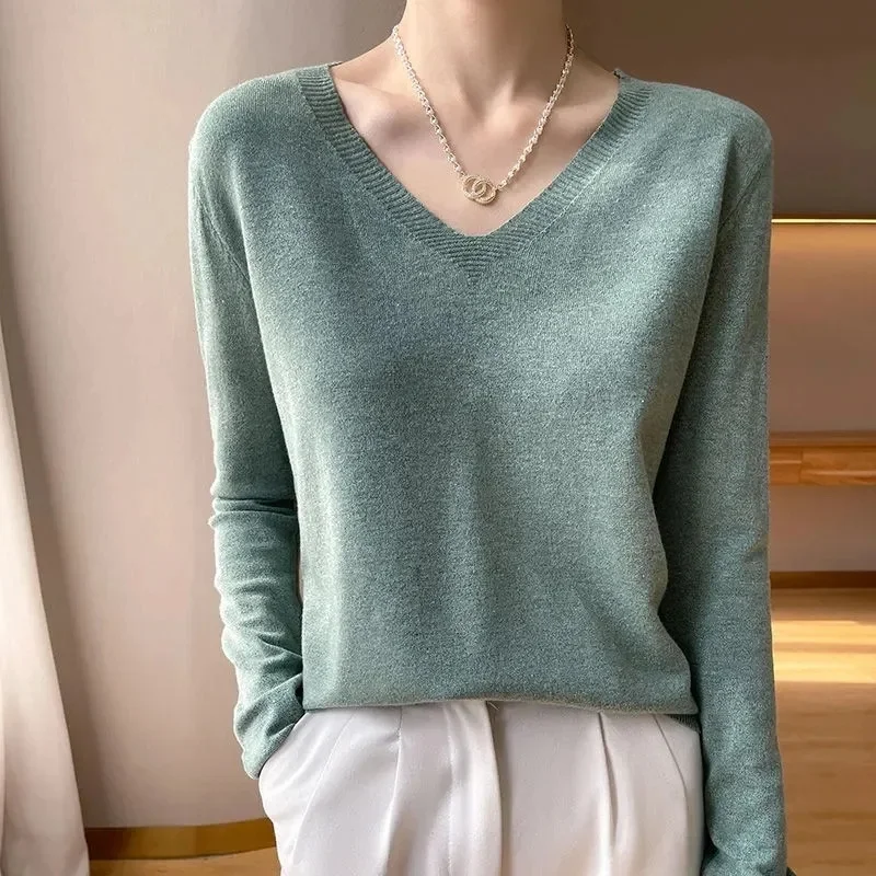 Women Sweater Autumn Winter V-neck Knitwear Long Sleeve Loose Cashmere Sweater Pullovers Lady Jumper Soft Elastic Knitted Tops