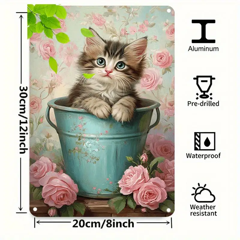 Victorian-Style Cute Kitten in Teal Bucket with Pink Roses - Vintage Floral Metal-like Tin Wall Decor - High Quality & Weather