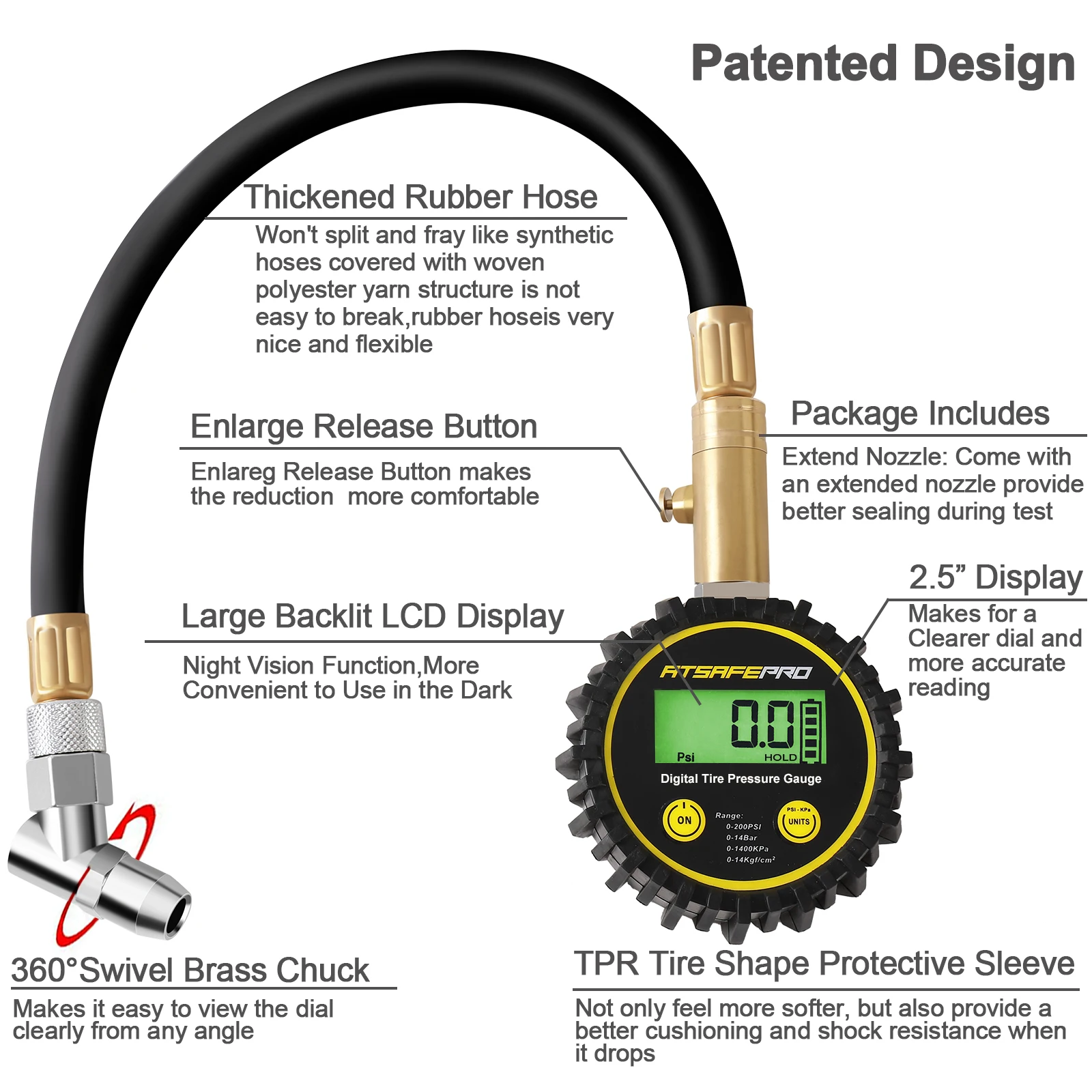 ATsafepro Digital Pressure Gauge for Automotive Tyres with Backlit LCD Display for Accurate Measurement in Cars, Trucks, SUVs An