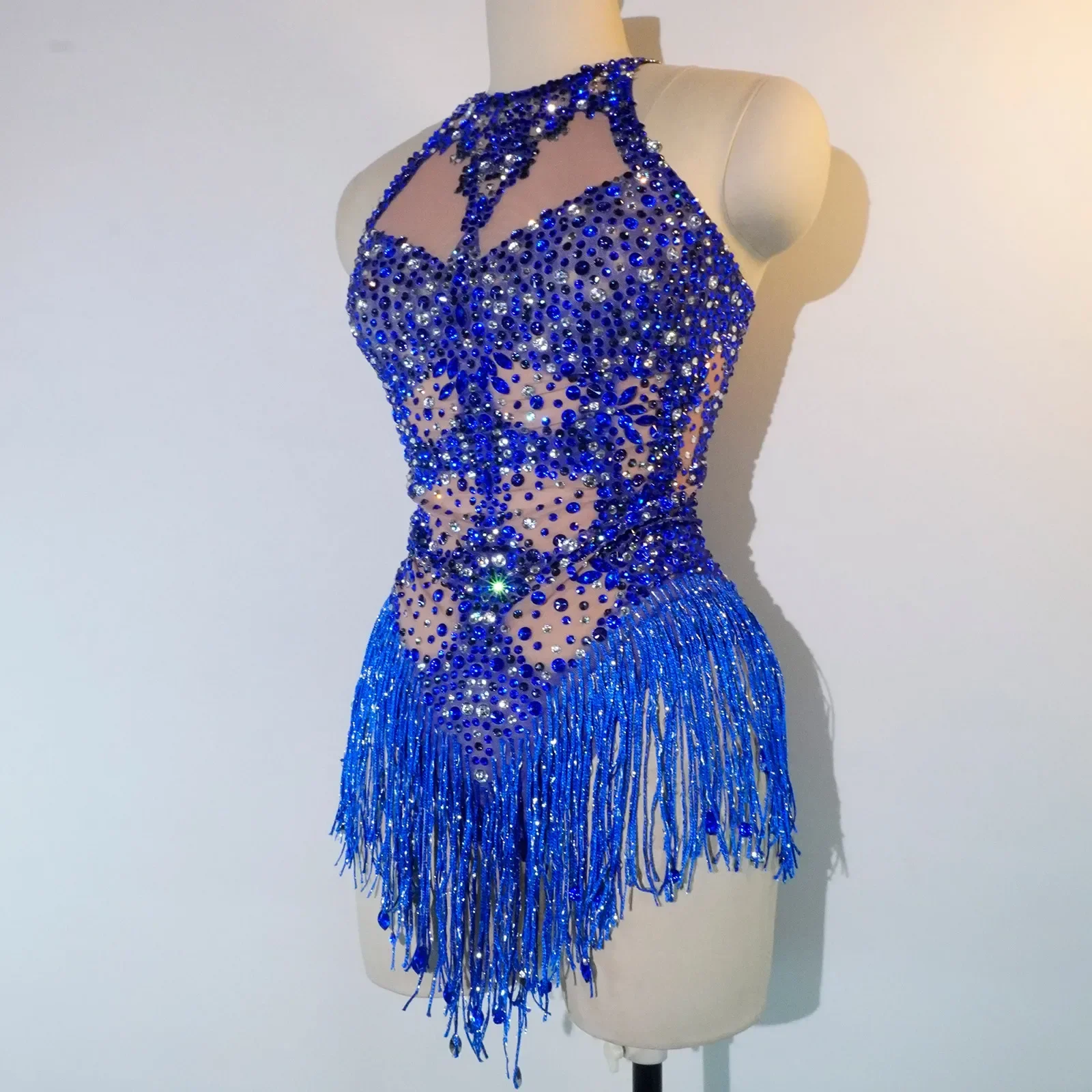 glitter blue Fringe bodysuit pole dance leotard See through sexy party birthday club Celebrate stage singer drag queen costumes