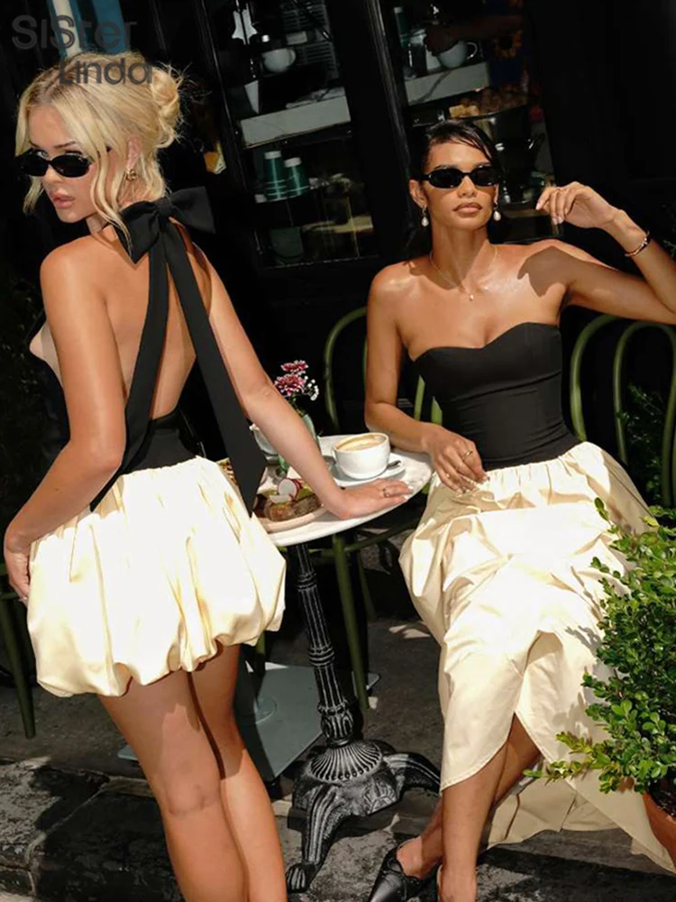 Sisterlinda-فستان شارع عالي العاري الذراعين للفتيات ، فوق الركبة ، ألياف حليب صغيرة ، مرقع الرسن ، إصدار الخريف جونيور ، K24D55545