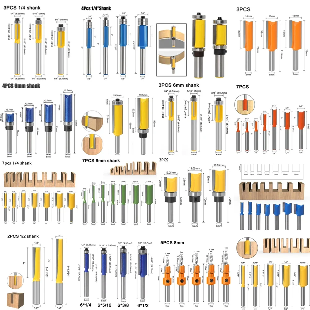 6 8 12MM 1/4′′ 1/2′′ SHANK Flush Trim Router Bit With 4 Blade Woodworking MIlling Cutter For Wood BIT Router Bit Set fresa New