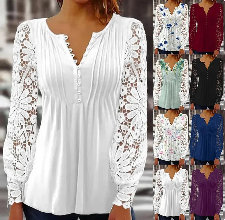 

Trendy Ruffled Floral Print Lace Patchwork Tunic Ladies Tops Women's Casual V Neck Long Sleeve Button T Shirts Clothing Tops New