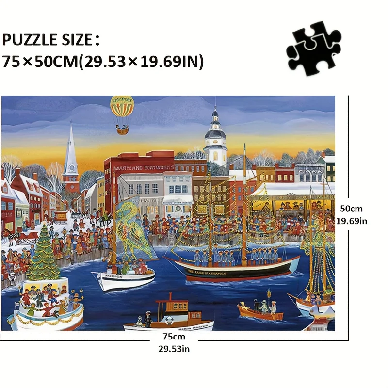 

1000pcs Large Christmas Dock & Boats Jigsaw Puzzle for Adults & Families - 75x50cm (29.5"x19.7") Lettered Backing
