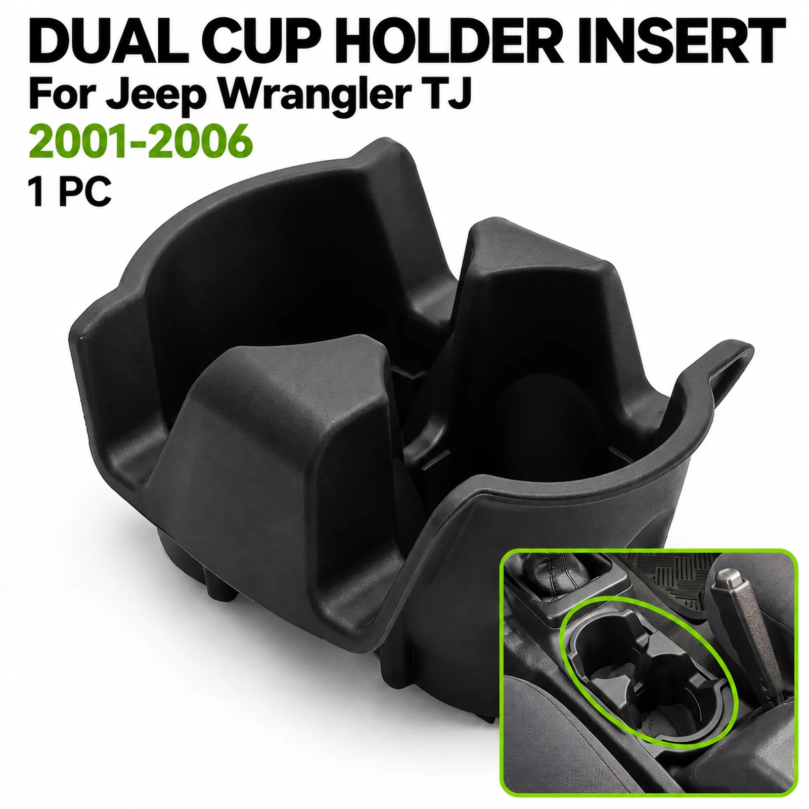 Floor Console Dual Cup Holder Insert For Jeep Wrangler TJ 2001-2006 Black Replacement 1 PC OE 55315038AC Check Original OE Shape