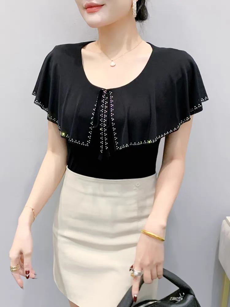 2025 Summer New Mesh Tshirt Fashion Rhinestone Ruffles Collar Slim-Fit Short Sleeve T-shirts Women's Top