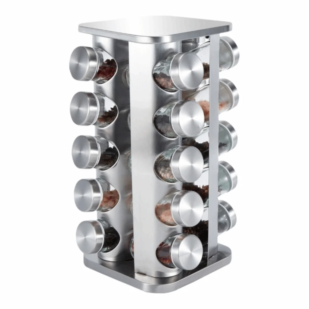Stainless Steel ‌Rotating Spice Rack with Glass Bottle Round Steel Seasoning Holder‌ Multi Layer Spice Jar Storage Storage Set