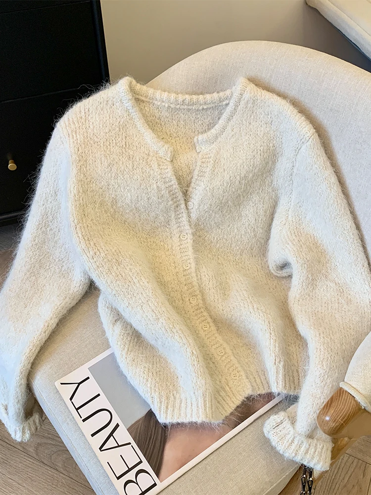 Women's Off White Cashmere Sweater Harajuku Y2k Long Sleeves O-Neck Sweaters Aesthetic Vintage 2000s Fashion Clothes Autumn 2024