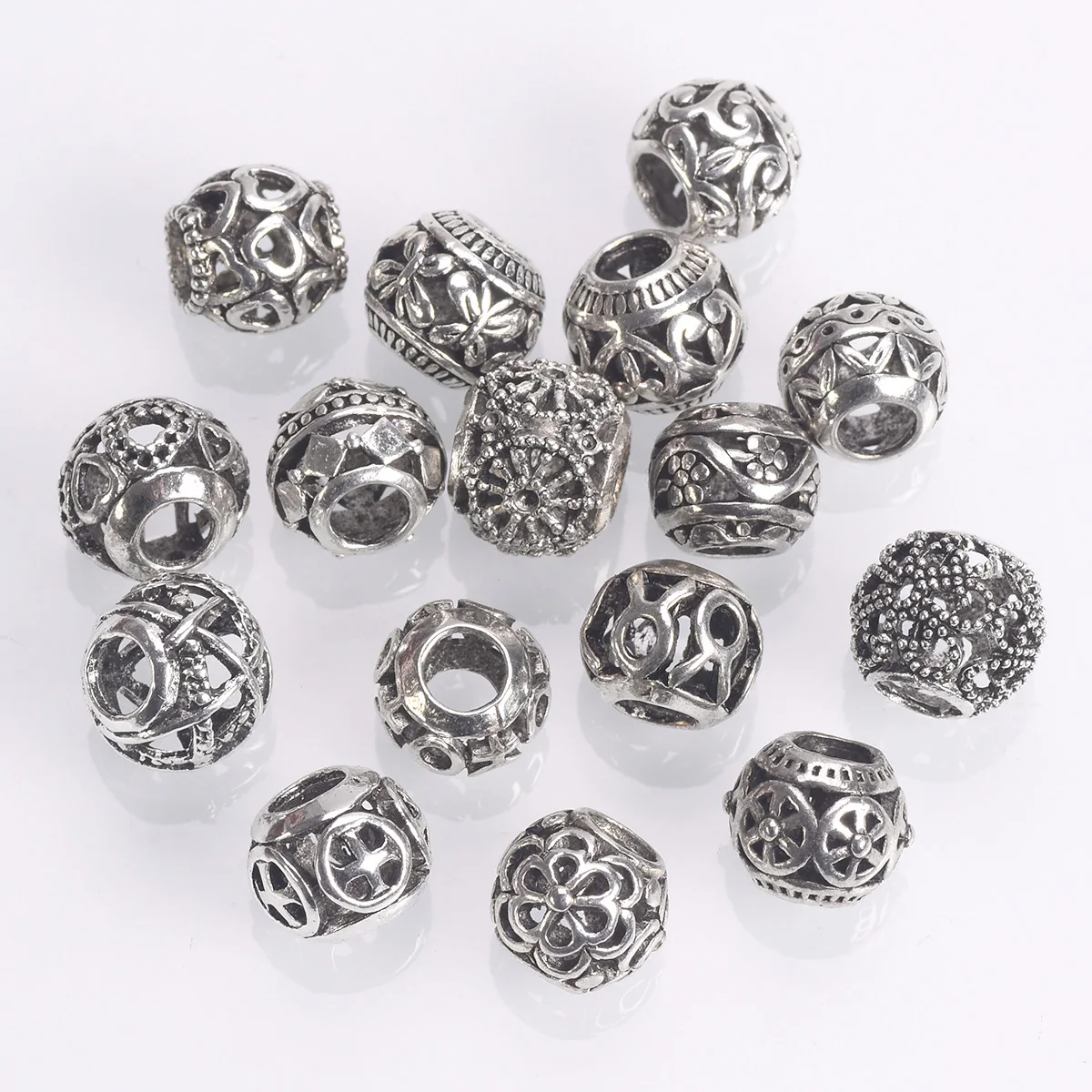 10pcs 10mm~12mm Round Hollow Charms Tibetan Silver Color Loose Big Hole Beads For Jewelry Making DIY European Charm Bracelet
