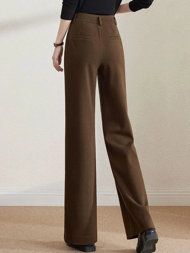 หญิงอย่างเป็นทางการหลวมกางเกงขากว้างเอวสูงผ้าขนสัตว์ผสม Baggy ตรง Pantalones สํานักงานหนา Calcas Feminina ใหม่ XQ61