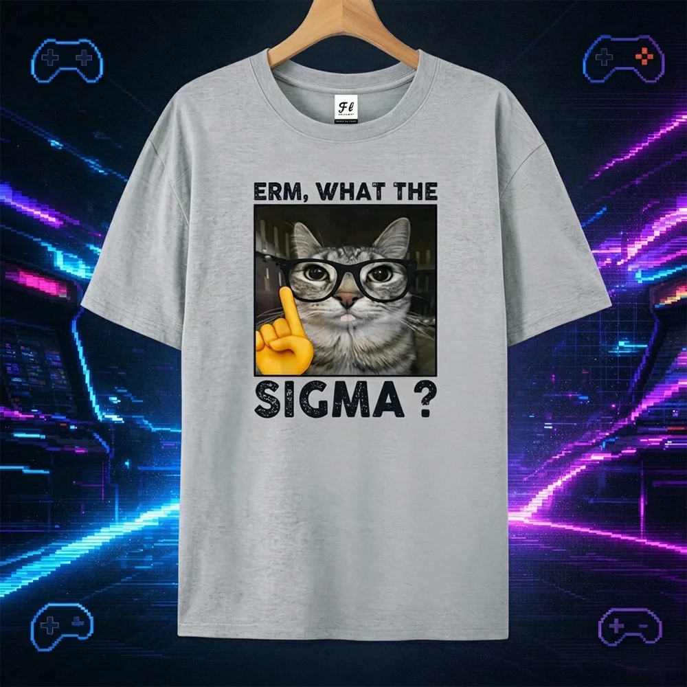 Erm What The Sigma Funny Cat Meme Mens T Shirt Gen Alpha Humor Graphic Tee Casual O Neck Short Sleeve Streetwear Top