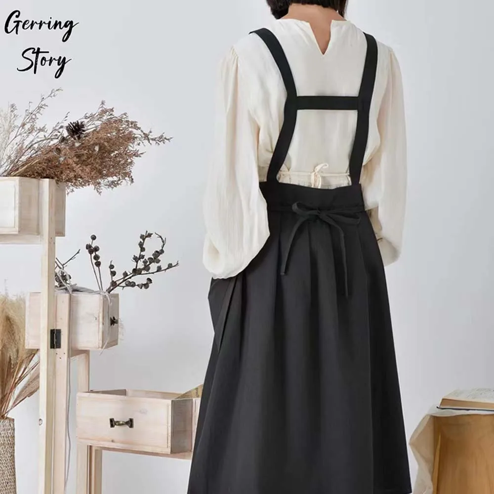 Gerring Cotton Waterproof Apron Kitchen Woman Baking Accessories Japanese Adjustable Beauty Apron Black Cute Coffee Shop Aprons