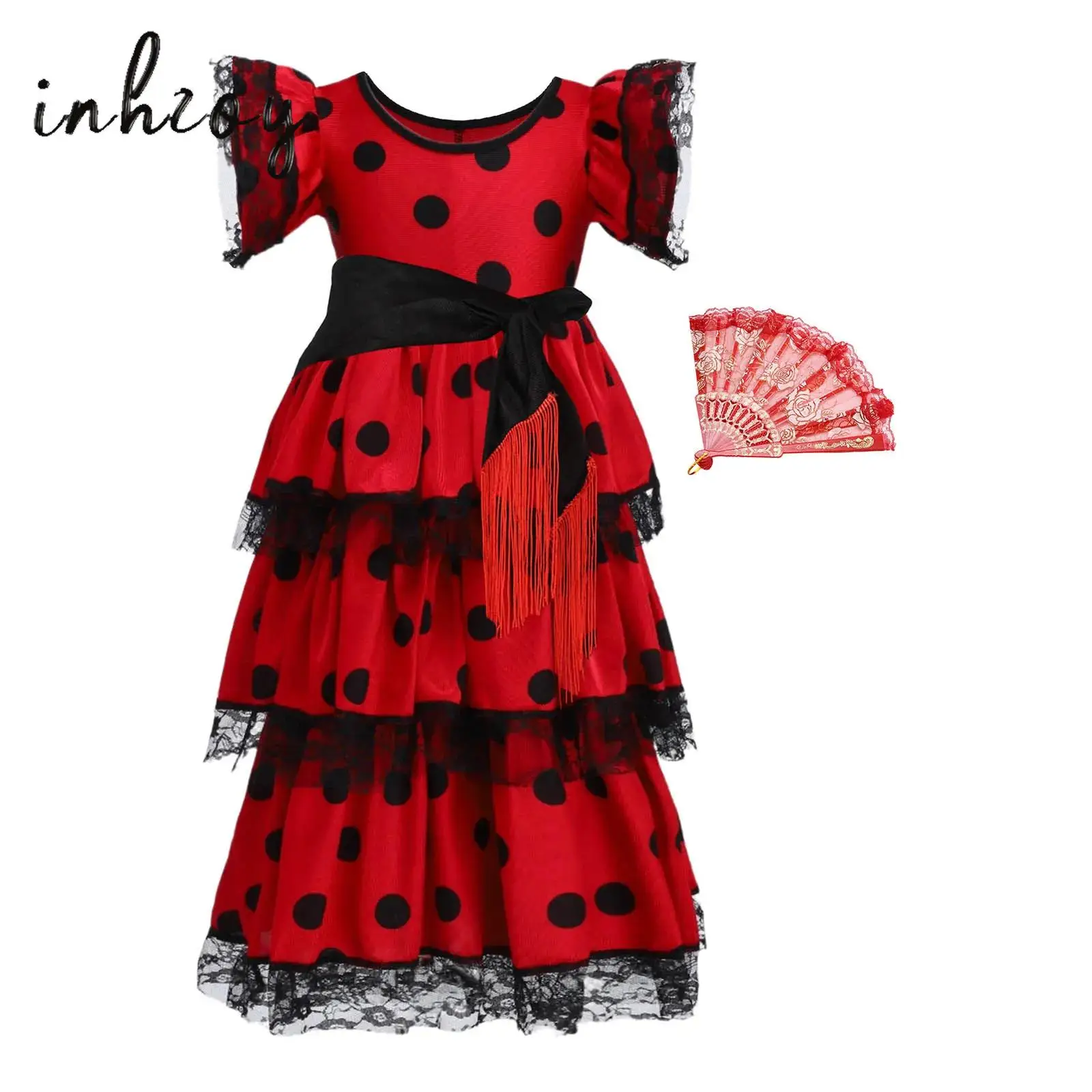 Kids Girls Spanish Flamenco Dance Dress Flying Sleeves Polka Dot Lace Layered Ruffled Dresses+Matched Fan+Side Tie-Up Waist Belt