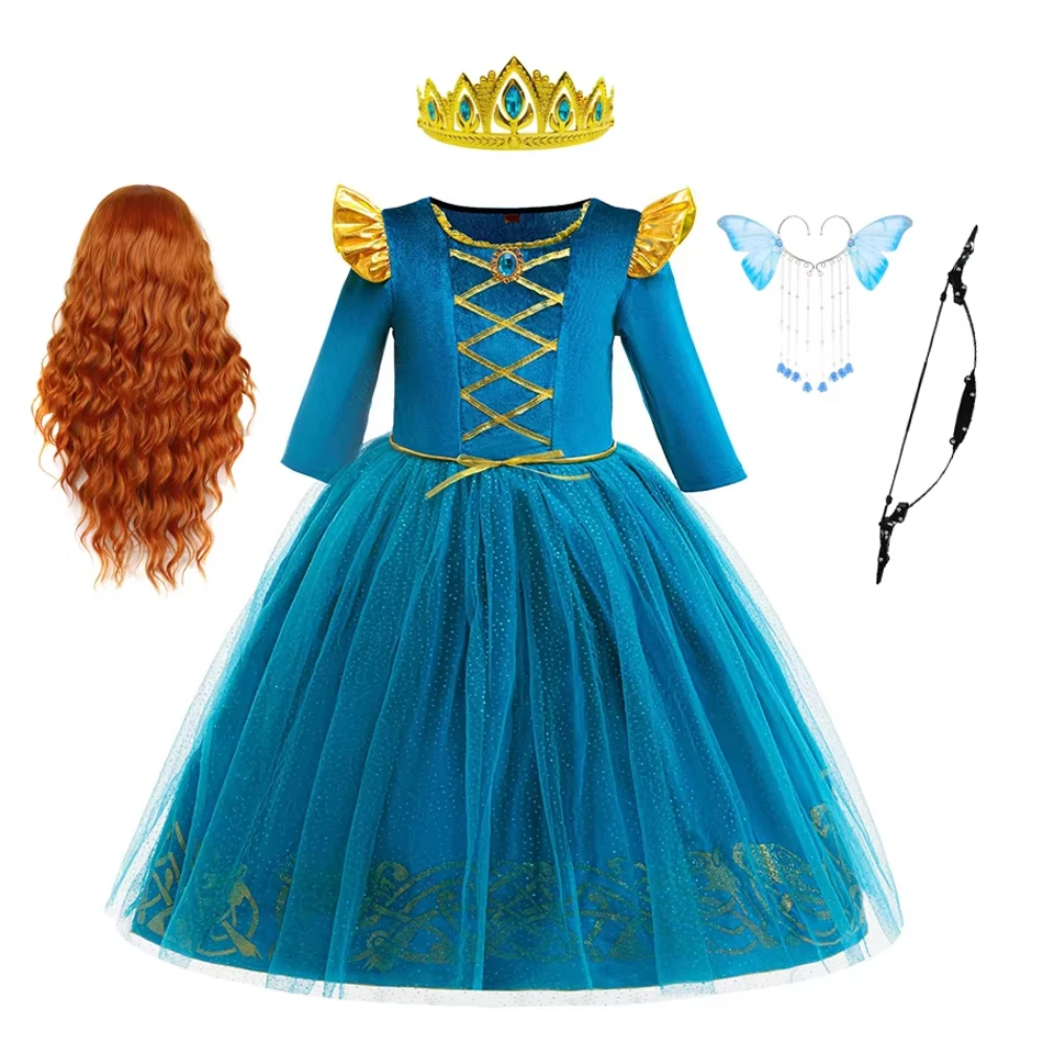 Disfraz de Princesa Mérida para Niñas, Vestido de Lujo con Peluca Roja, Lazo y Flecha para Halloween y Fiestas de Disfraces