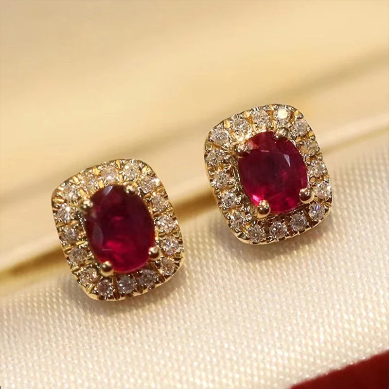 Huitan Fashion Red Cubic Zirconia Kolczyki sztyfty Luksusowe ślubne akcesoria do uszu w kolorze złotym dla kobiet Wszechstronna biżuteria Hurtownia — zdjęcie 5