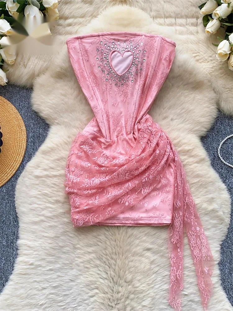 

French Strapless Sexy Short Dress Heart Hollow Out Beading Sundress Backless Corset Lace Beach Mini Dress