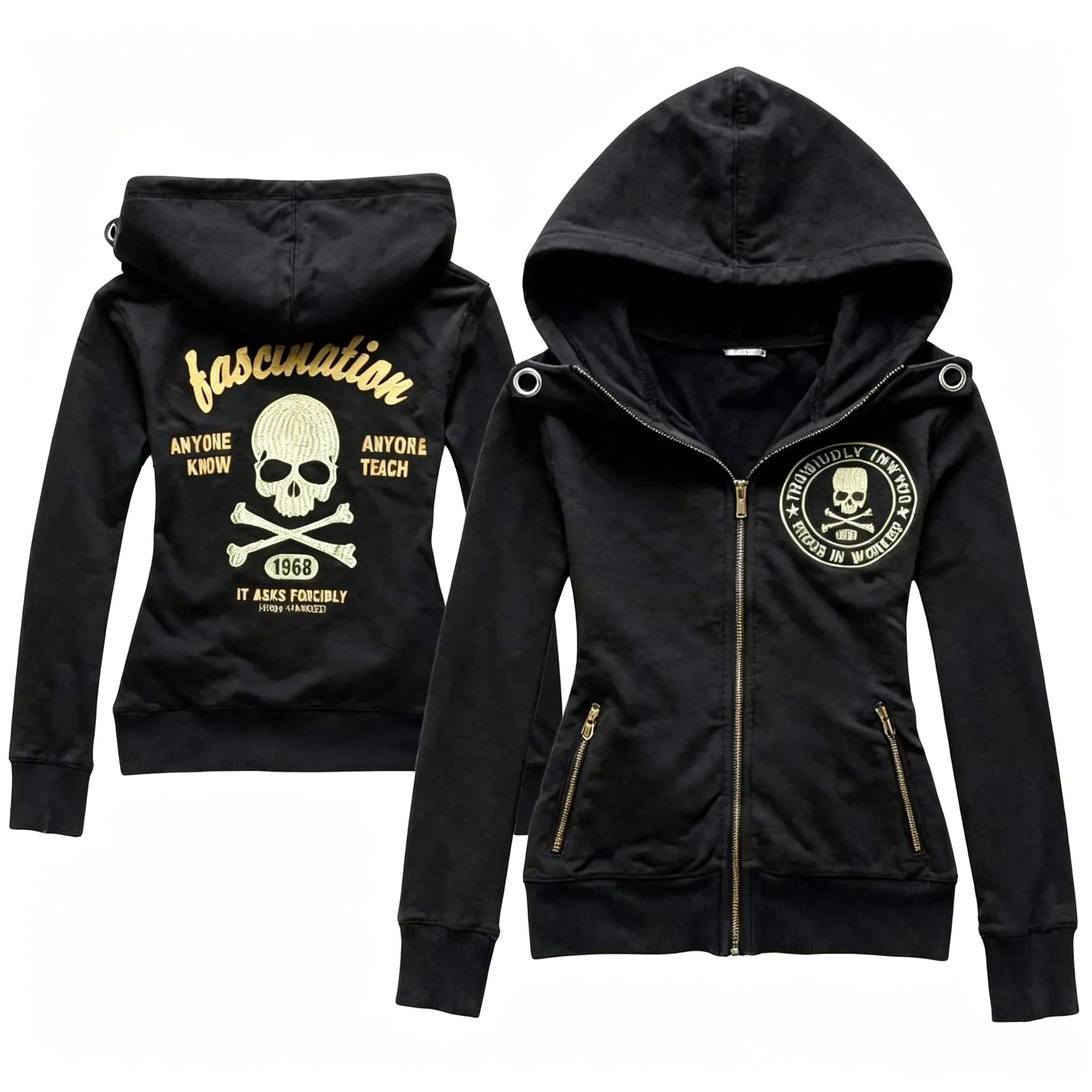 Y2K Goth Punk Zip Up Sweatshirt Embroider Skeleton Cross Bones Pattern Gold Lettering Hoodies Women Winter Streetwear Top Jacket