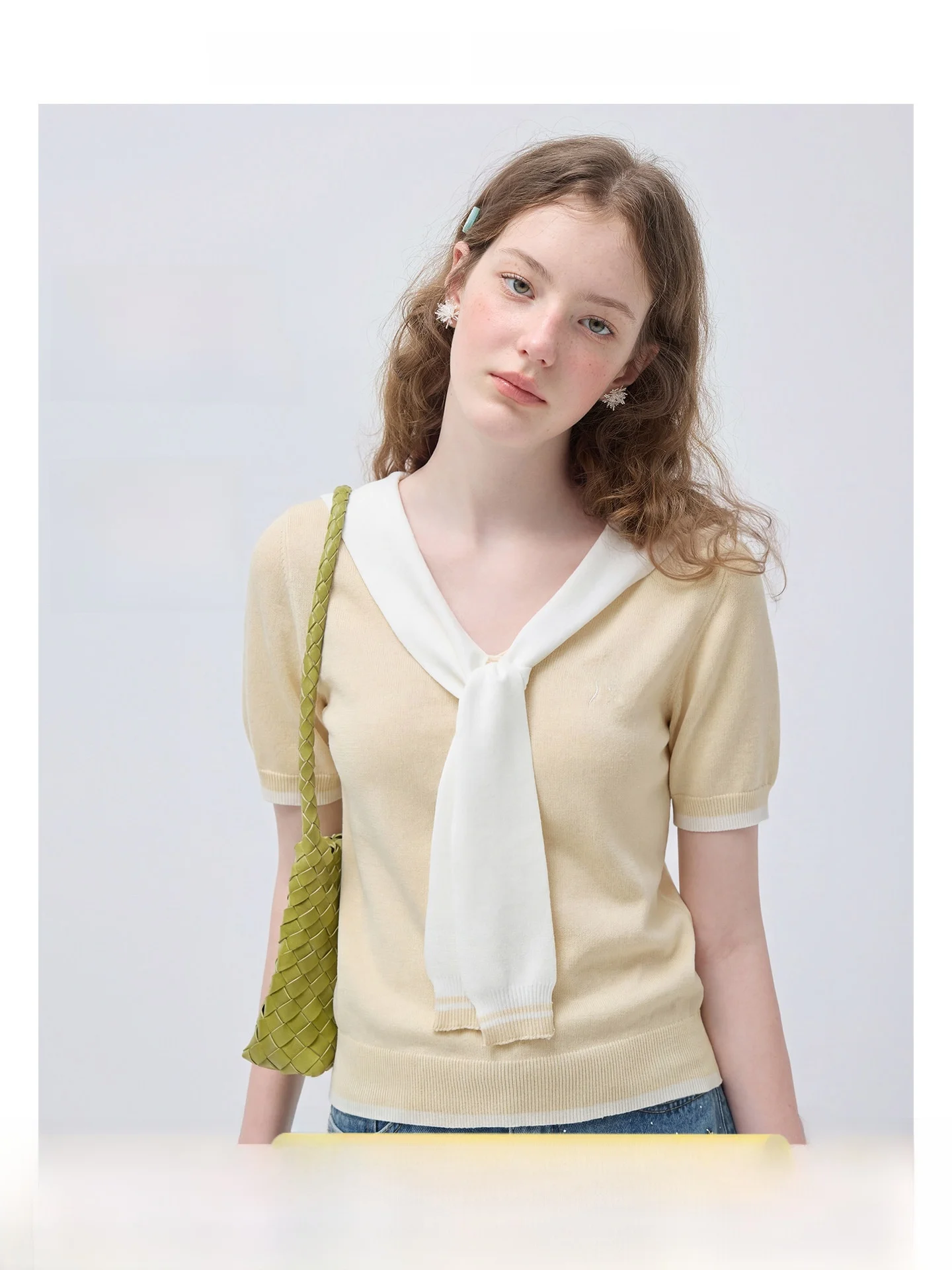 

plus Size Women's V-Neck T-Shirt with Shoulder Scarf Slimming Knitwear Short Sleeve Summer New Style for Slightly Plump MM
