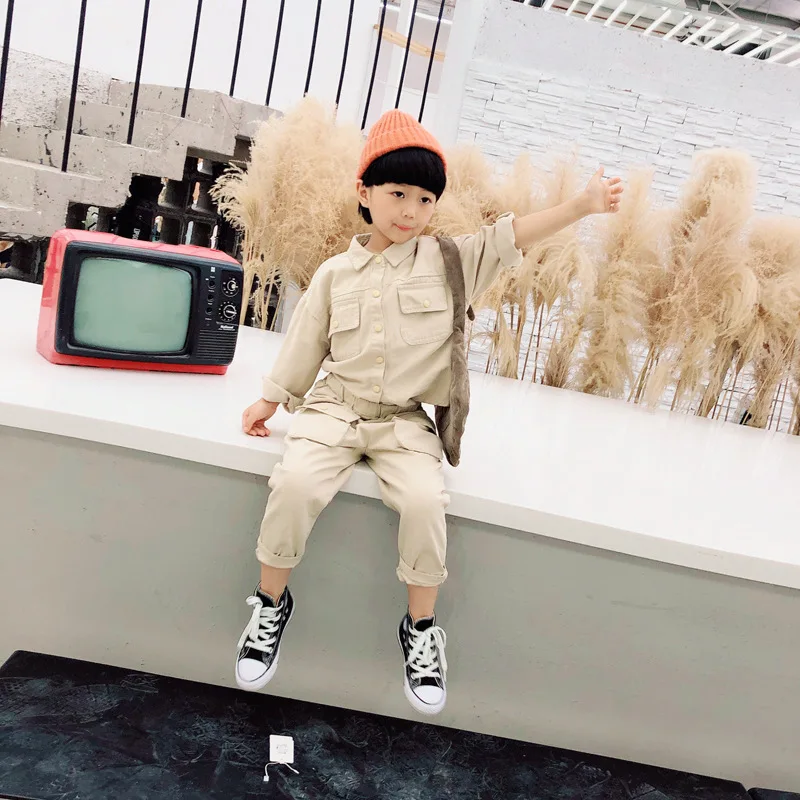 Boy Two Piece Set 2024 Spring Autumn New Korean Style Cotton Tooling Long Sleeve Lapel Pocket Handsome Tide Comfortable Simple