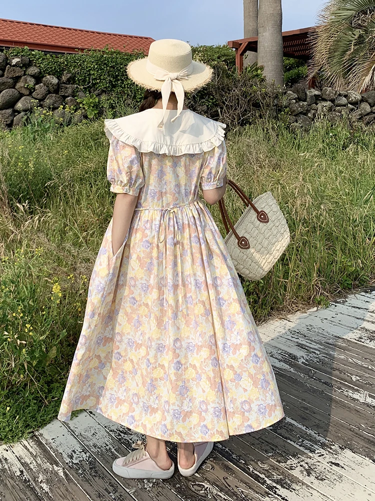 فستان صيفي جديد بطبعة زهور طويل للنساء، فستان ماكسي كاجوال بتصميم عتيق بخصر مرتفع وقصة A-Line وأكمام قصيرة