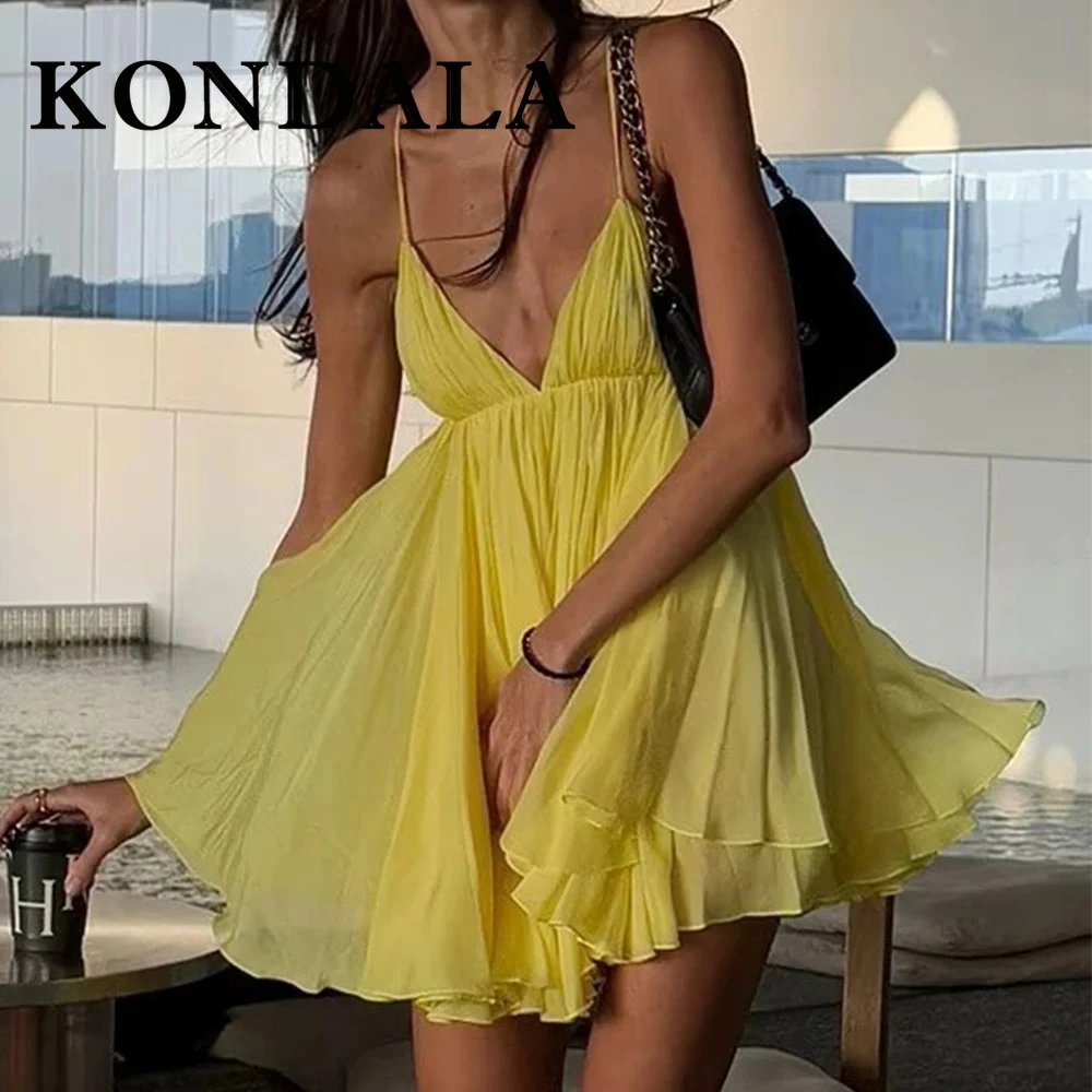 KONDALA Chic Sexy Giallo Summr Cami Y2K Abito da donna a strati Backless Beach Mini abito Moda 2025 Night Party Elegante Vestido