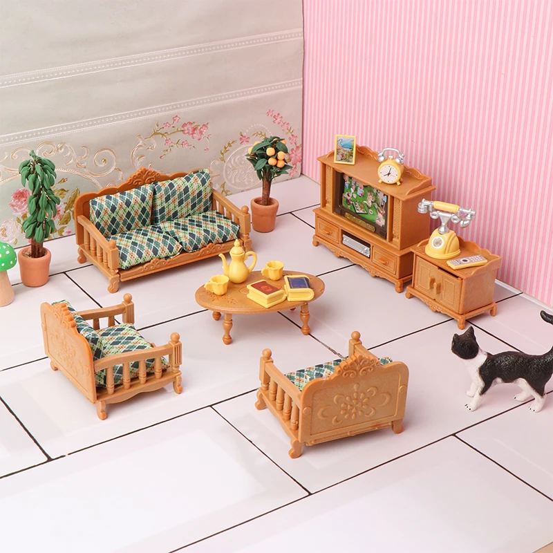 1:12 Miniaturowy zestaw mebli do domku dla lalek: stół jadalny, krzesło, sofa, stolik do herbaty, szafka RTV, model mebli dla lalek, dekoracja, rekwizyt do mikro-scen, zabawka