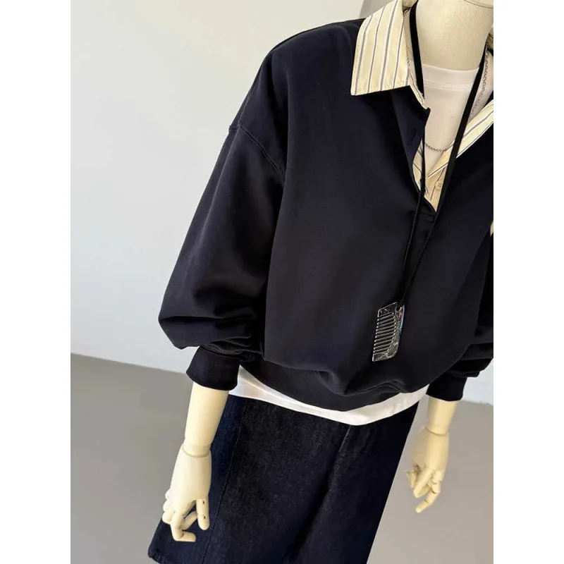 Women's Polo Collar Hoodies, Fake Two Pieces Tops, Casual Style, 2025 Long Sleeve