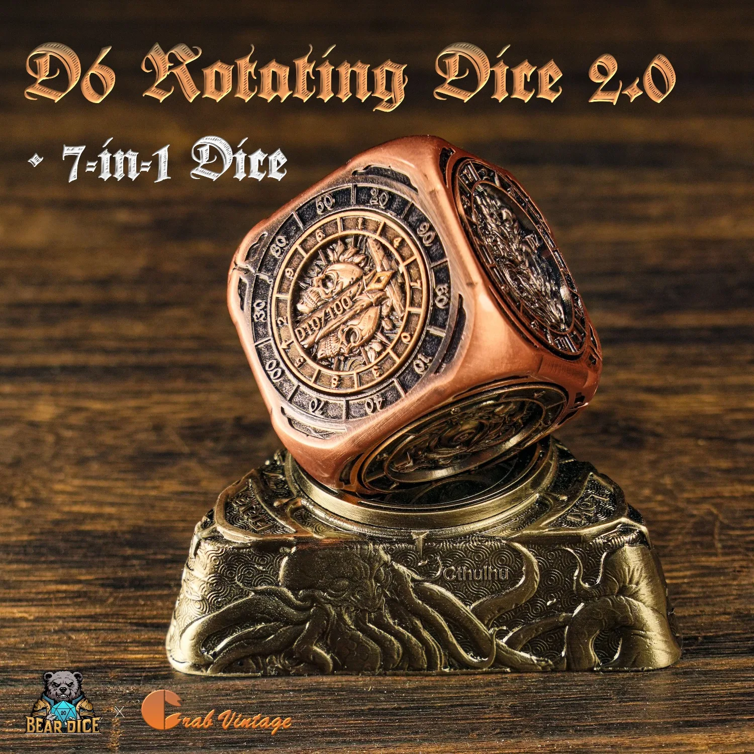 Bear DiceEDC D6 Rotating Dice2.0 7-in-1 Six-Sided Rotating Metal Dice Fidget Spinner Desktop Stress Relief Toy