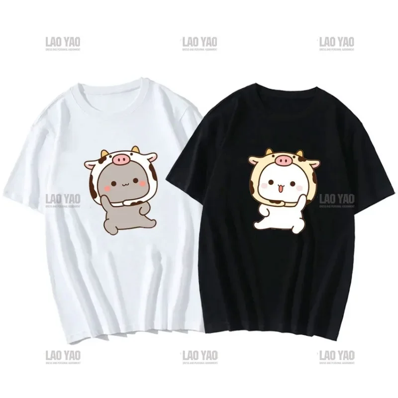 Cute Peach Cat Cartoon Couple Print Shirt Unisex Shirt Gray Sent Flowers To Peach T Shirt Cotton Lovers\' Clothes Casual Tee