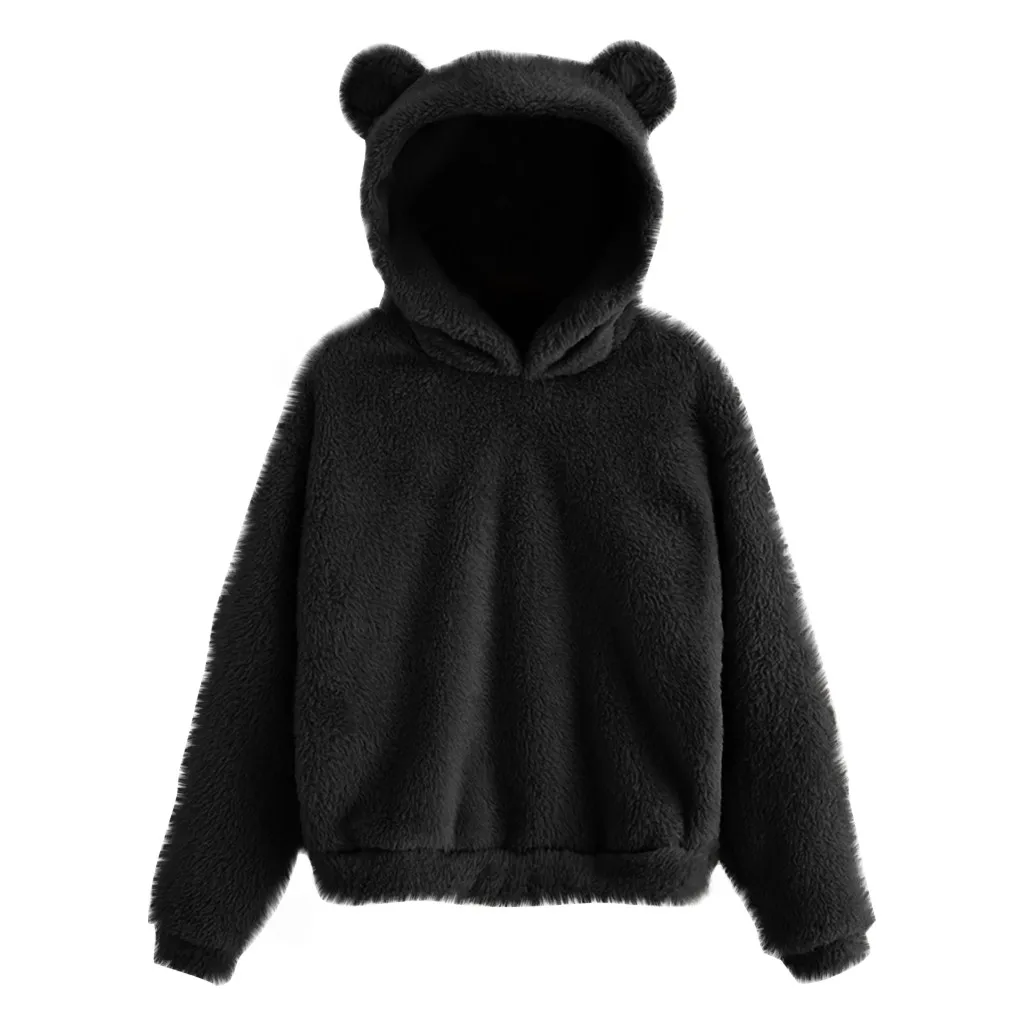 Women\'s Long Sleeve Fleece Sweatshirt Warm Bear Shape Fuzzy Hoodie Pullover