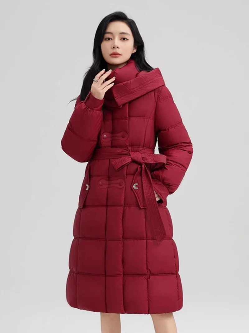 

2025 зимнее хлопковое пальто с капюшоном на шнуровке, женское облегающее пальто средней длины, модная парка с капюшоном, куртка, пальто W831 ﻿