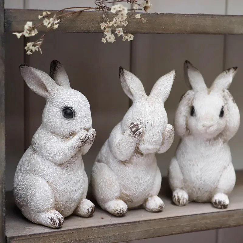 3Pcs Vintage No look No listen No talk Rabbit Ornament Home Decor Garden Easter Bunny Landscape Craft