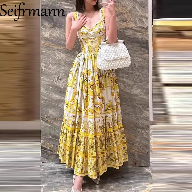 Seifrmann Modedesign Damen Partykleid Spaghettiträger Rückenfrei Print Temperament A-Linie Plissee Kleider