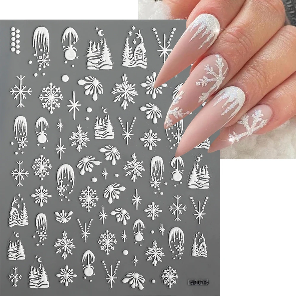 Autocollants pour ongles de noël 5D, 2 pièces, cascade, flocons de neige, père noël, élan, pain d'épices, décalcomanies en relief, ensemble de manucure d'hiver et de noël