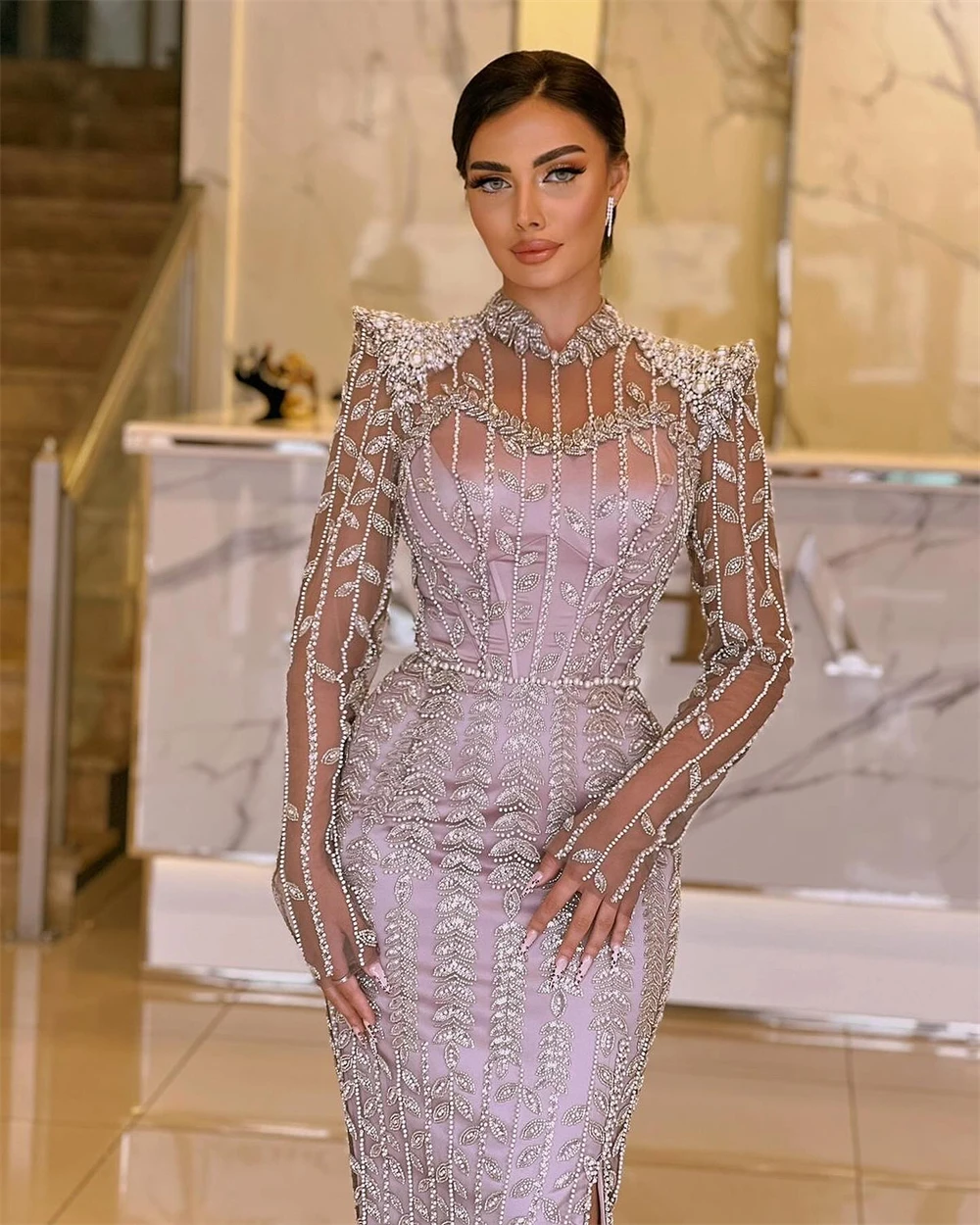 

Customized Exquisite O-Neck Mermaid Evening Dress Classic Long Sleeves Cocktail Dress Fashion Crystal Special Occasion Gowns
