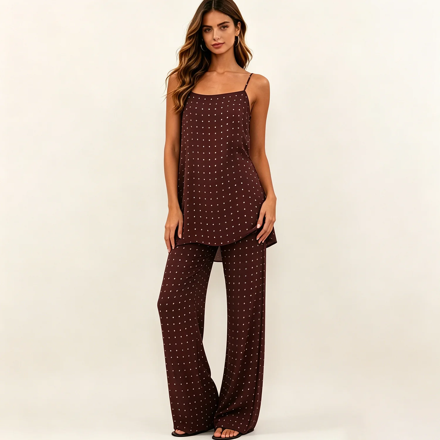 

LIMO 2026 New Women Elegant Polka Dot Cami Top & Wide Leg Pants 2-Piece Set, Casual Loungewear