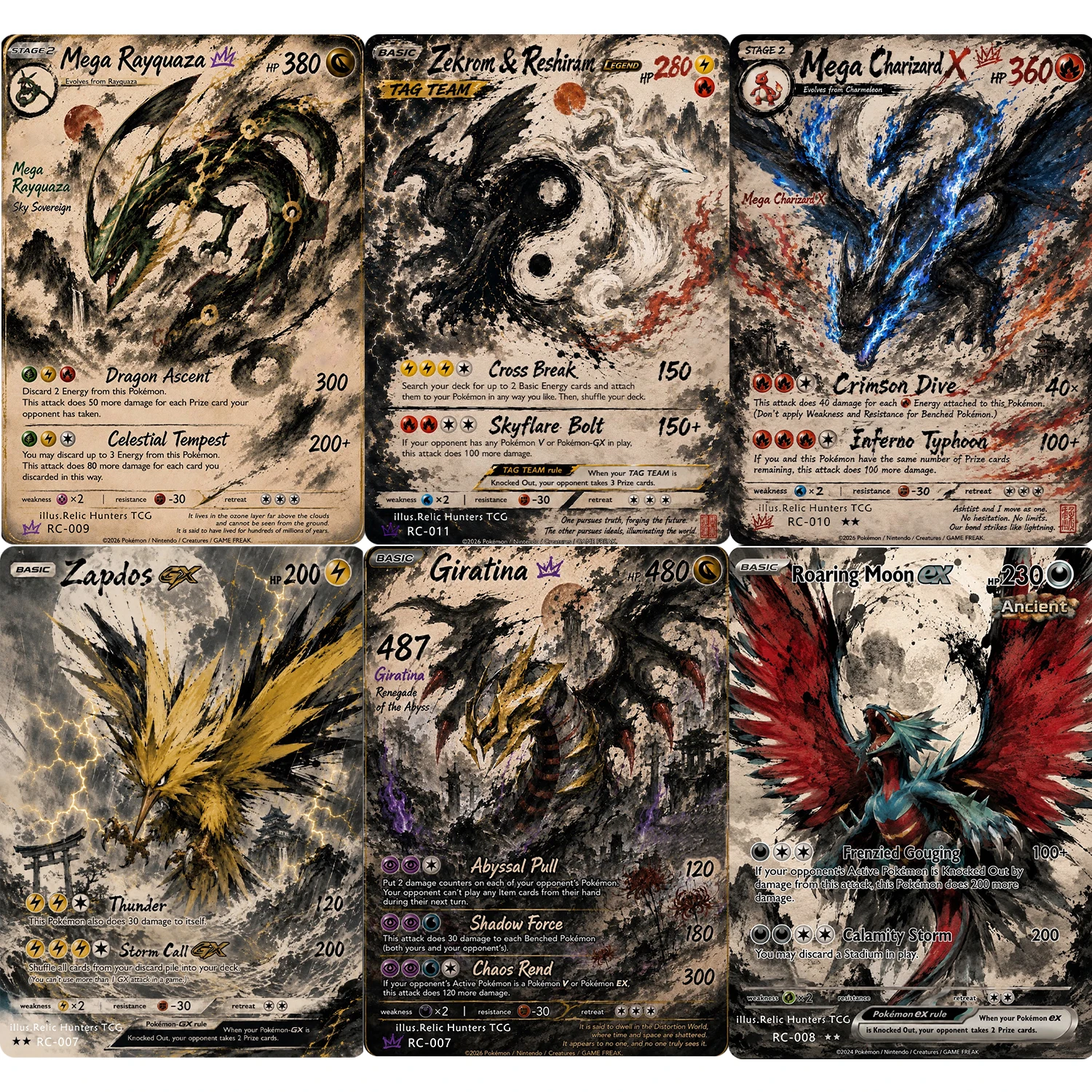 Cartes PKM style Ink Wash, collection de cartes personnalisées Zekrom/Reshiram/Charizard X/Giratina/Rayquaza/Zapdos, cartes Pokémon de la vie réelle