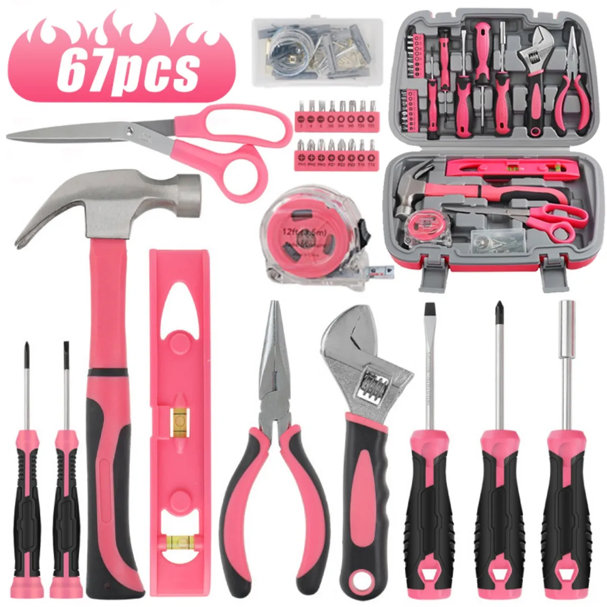 ชุดเครื่องมือช่าง Hi-Spec 67 ชิ้น สีชมพู ชุดเครื่องมือซ่อมแซมบ้าน ชุดไขควง กล่องเครื่องมือ กรรไกร ค้อนหงอน สำหรับใช้ในบ้าน