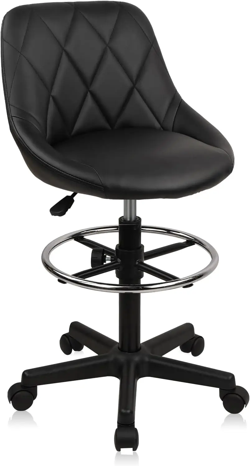 

Drafting Chair With Backrest And Wheels, Adjustable Footrest Height Rolling Stool, Pu Leather Tall Swivel Chairs Work Shop