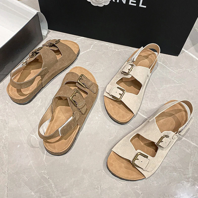 2023 Summer Women\'s Sandals Cow Suede Leather Cork Sandals Woman Two Buckle Outdoor Beach Sandals Girls Retro High Quality