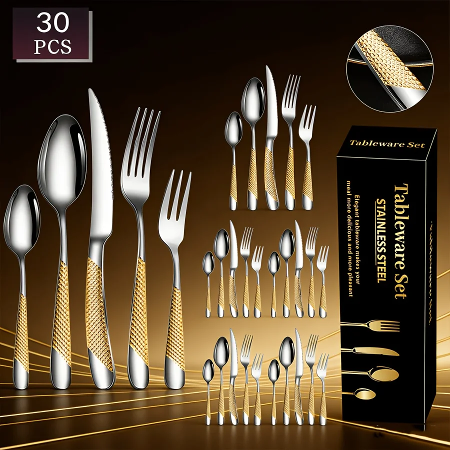 30-Piece Stainless Steel Star-Shaped Diamond Design Cutlery - Comes With a Premium Gift Box, Suitable for Home, Restaurants, Dis