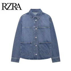 RZRA original 2024 autumn new women's basic style all-match straight long-sleeved lapel casual denim jacket pocket decoration